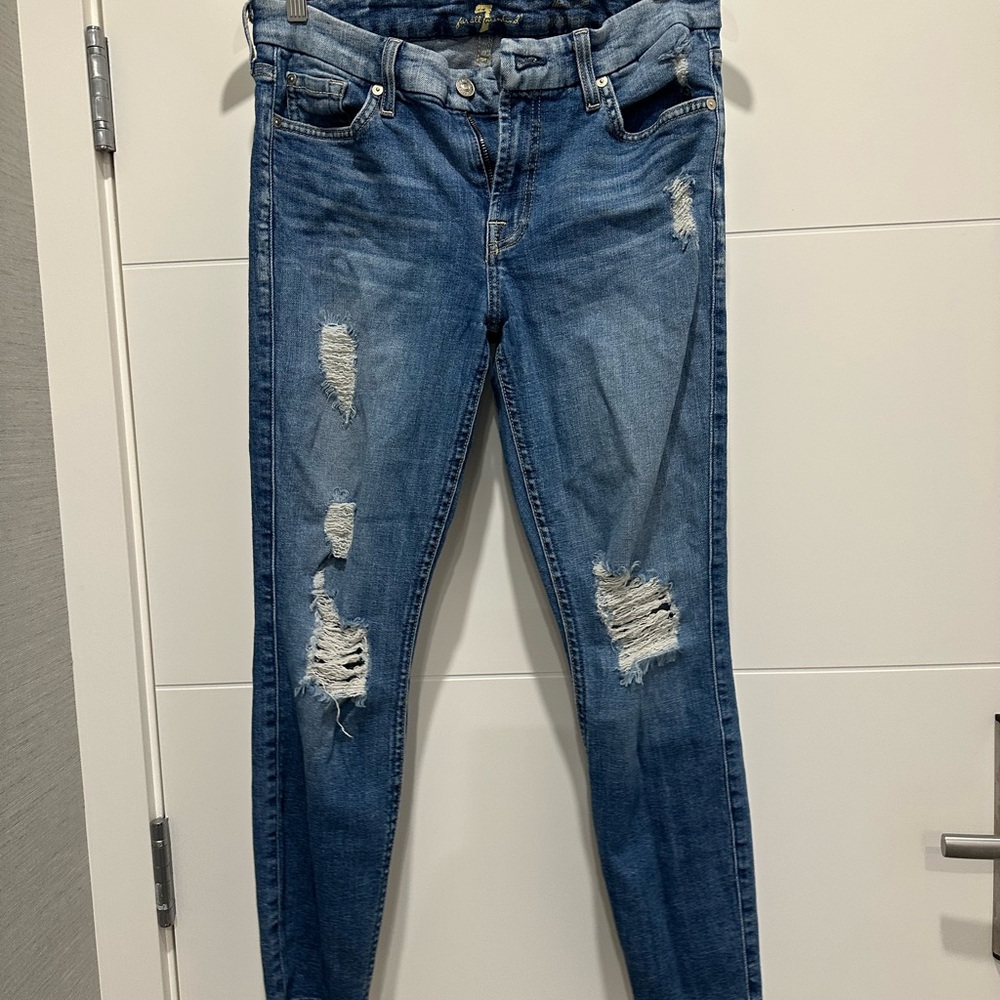 7 For All Mankind Ripped Blue Skinny Jeans